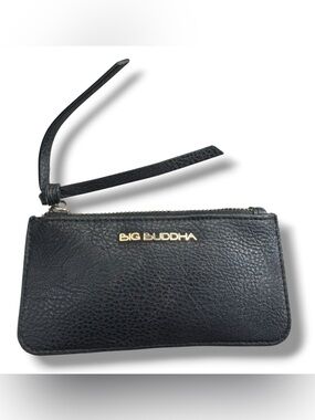 Big Buddha Black Leather Zip Wristlet Card & Coin Wallet Plaid Lining